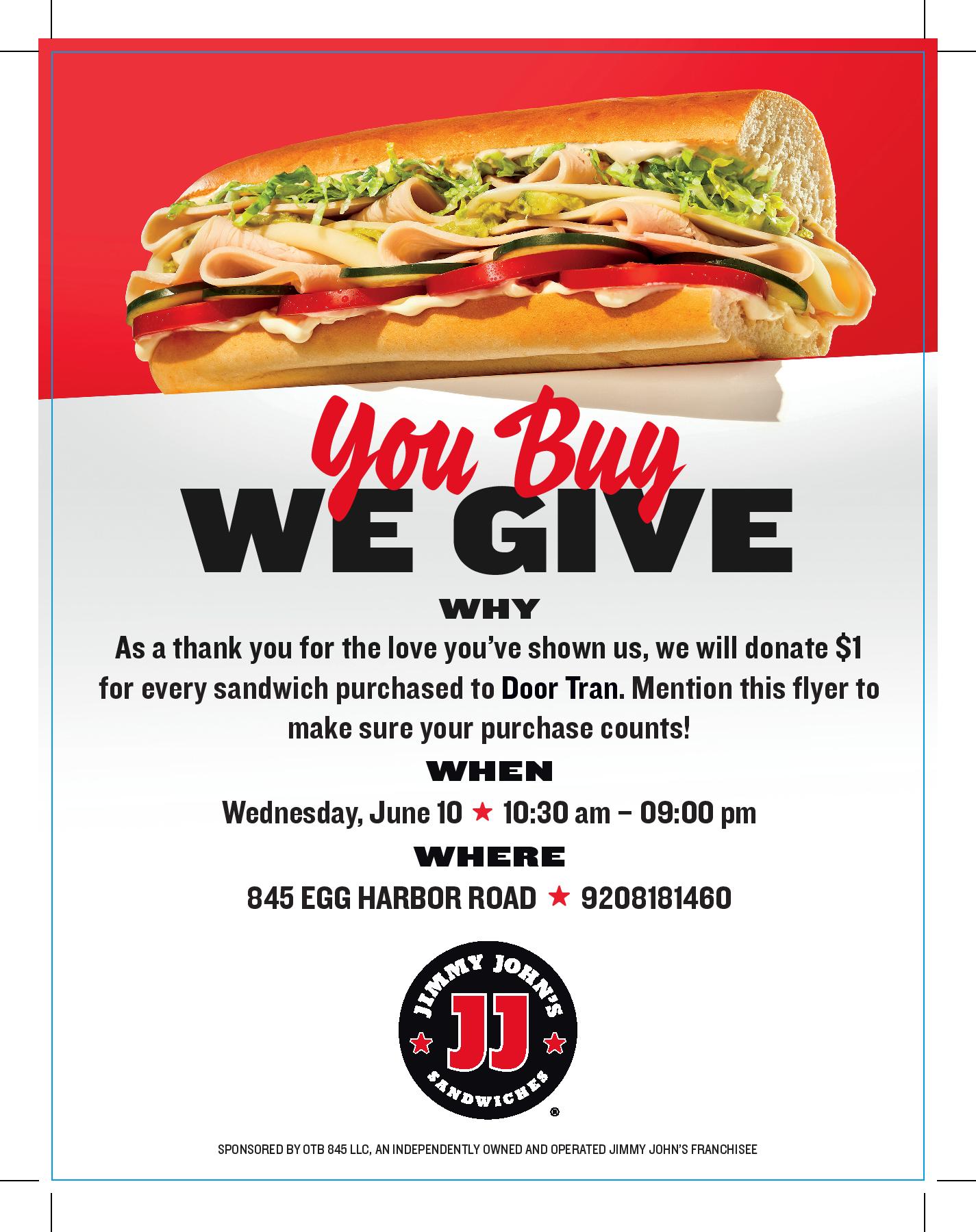 Jimmy John's "You Buy, We Give" Fundraiser Poster